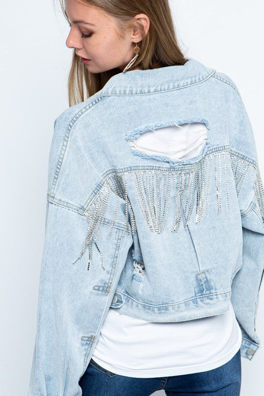 RHINESTONE FRINGE DISTRESSED DENIM JACKET ~Multiple Colors