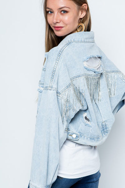 RHINESTONE FRINGE DISTRESSED DENIM JACKET ~Multiple Colors