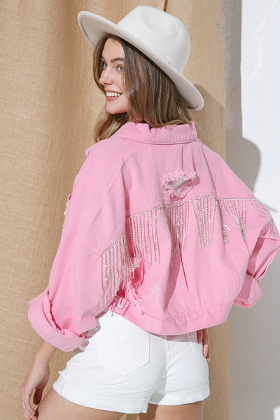 RHINESTONE FRINGE DISTRESSED DENIM JACKET ~Multiple Colors