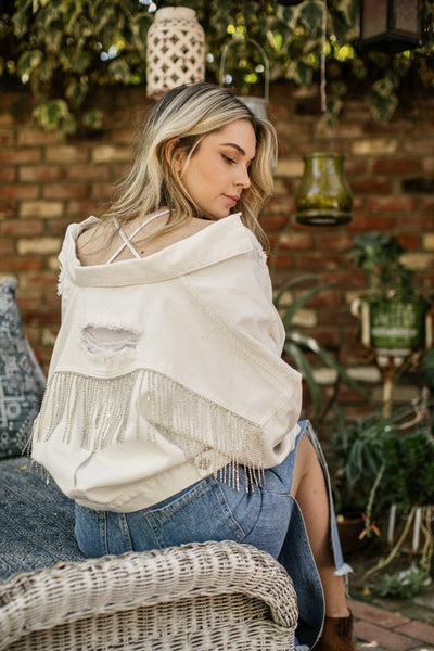 RHINESTONE FRINGE DISTRESSED DENIM JACKET ~Multiple Colors