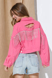 RHINESTONE FRINGE DISTRESSED DENIM JACKET ~Multiple Colors