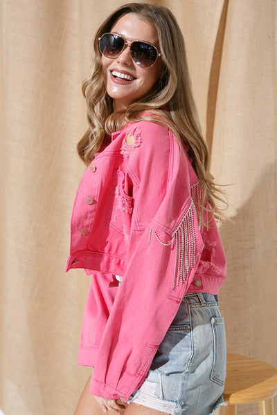 RHINESTONE FRINGE DISTRESSED DENIM JACKET ~Multiple Colors