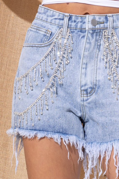 Gem Rhinestone Fringe Denim Shorts ~Multiple Colors