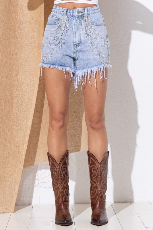 Gem Rhinestone Fringe Denim Shorts ~Multiple Colors