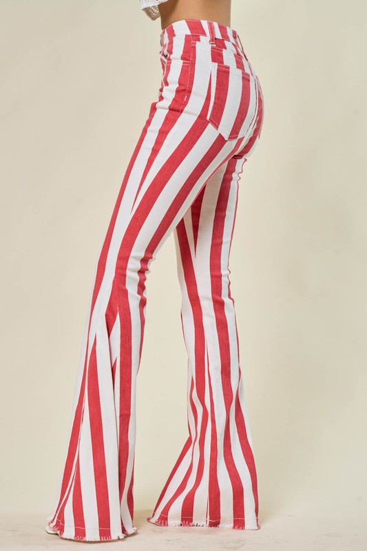 Ringleader Striped Distressed Bell Bottoms - Red