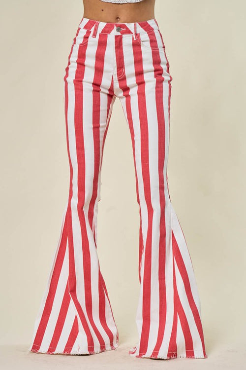 Ringleader Striped Distressed Bell Bottoms - Red