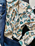 Satin Western Turquoise Button Down Top