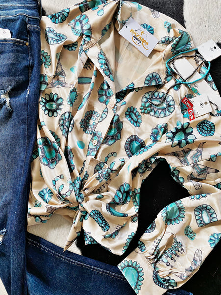 Satin Western Turquoise Button Down Top