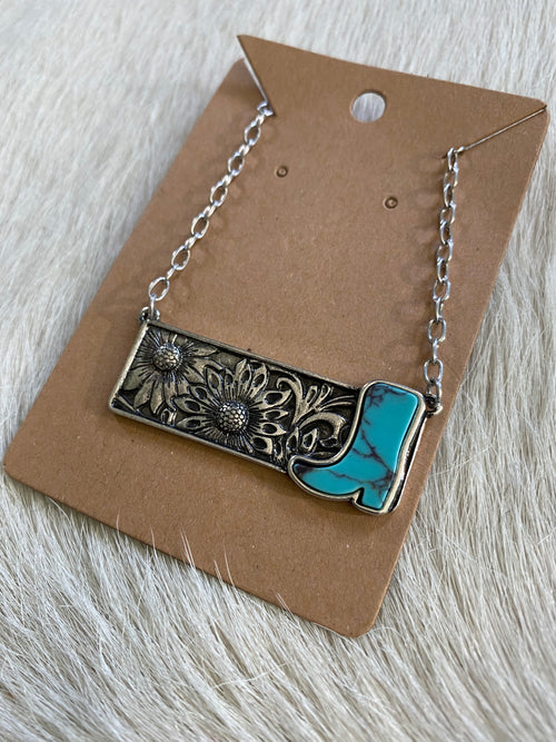 Turquoise Boot Floral Bar Necklace