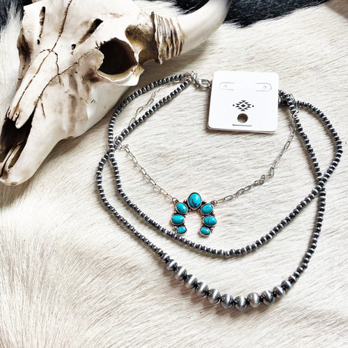 3 Row Navajo Style Pearl with Squash Blossom Necklace