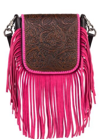 Montana West Genuine Leather Tooled Collection Fringe Crossbody