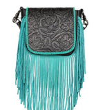 Montana West Genuine Leather Tooled Collection Fringe Crossbody - Turq