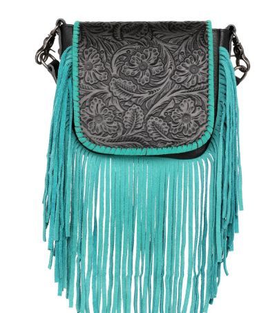 Montana West Genuine Leather Tooled Collection Fringe Crossbody - Turq
