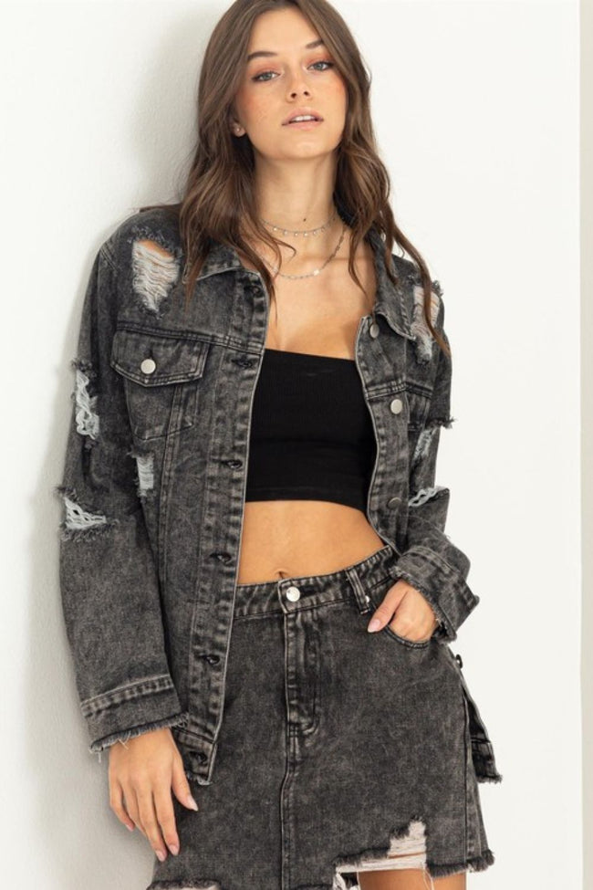 Tess Distressed Denim Jacket in Black Denim